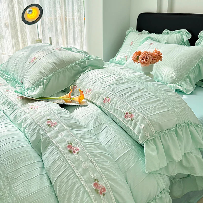 ruffled, ruched, and flowers duvert set