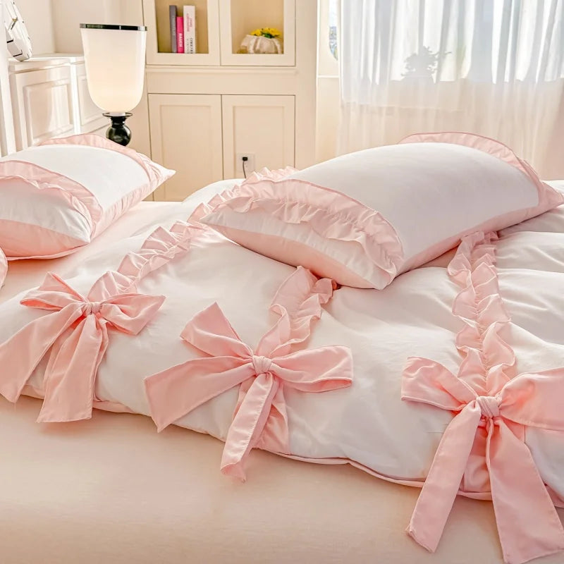pink blue bowknot duvet set