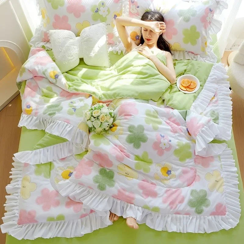 pink - green summer quilt duvet set