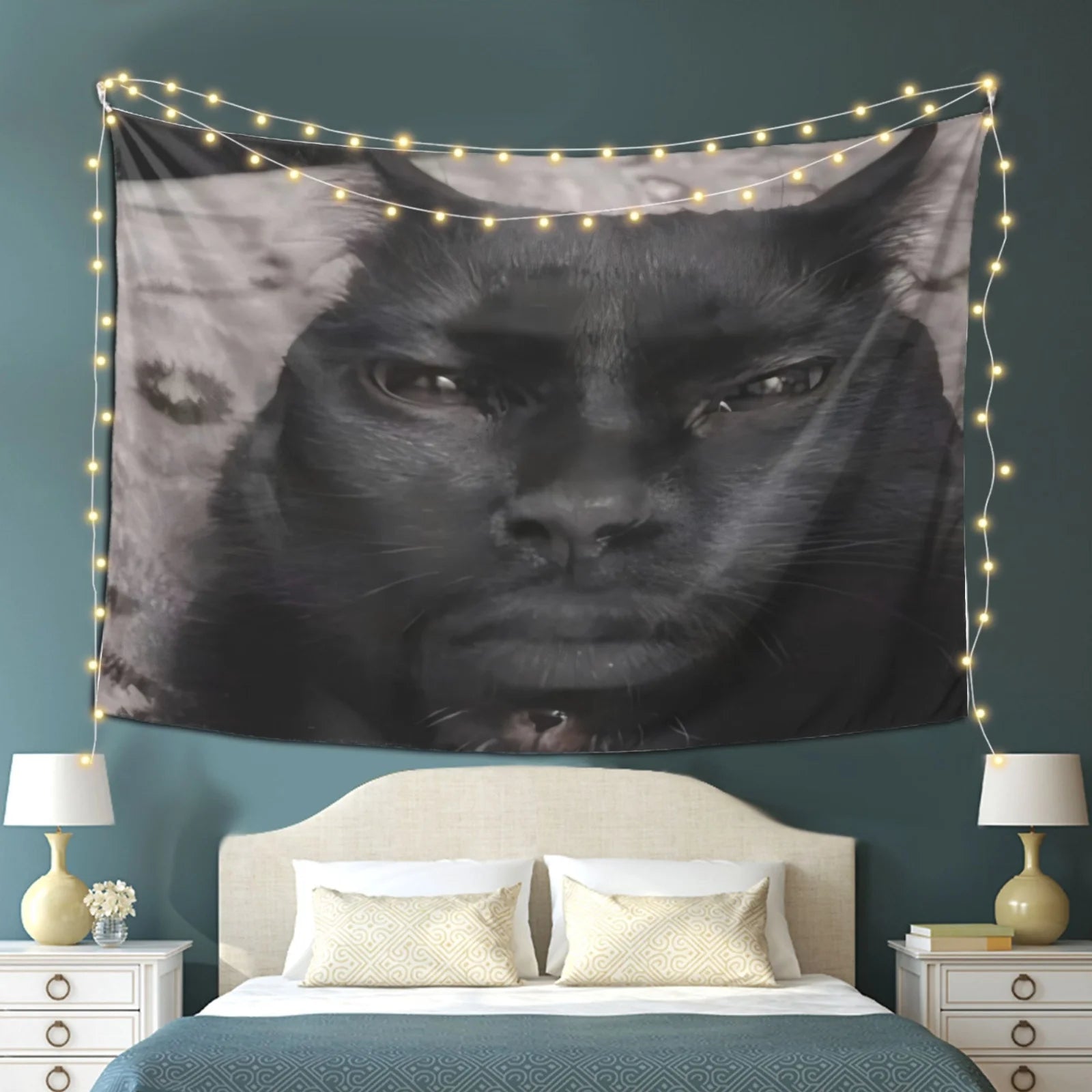 cat face man tapestry