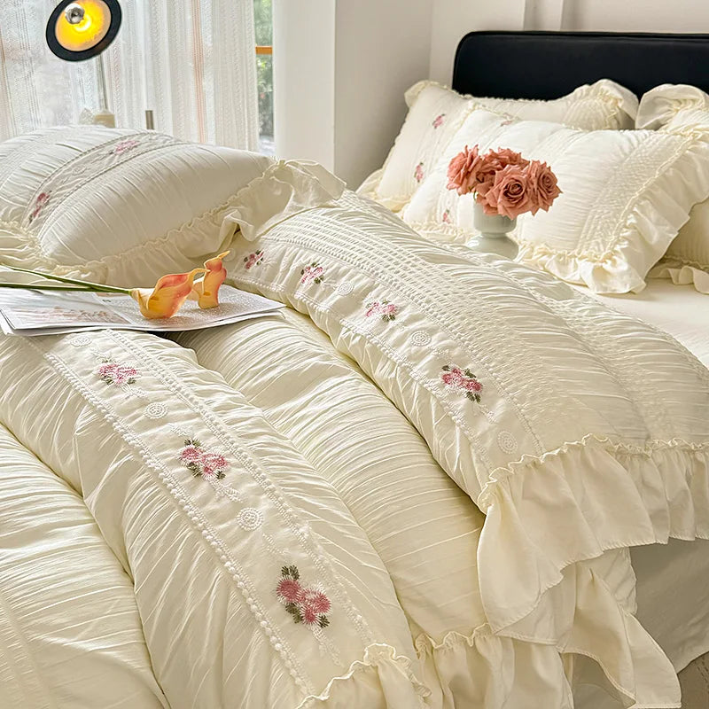ruffled, ruched, and flowers duvert set