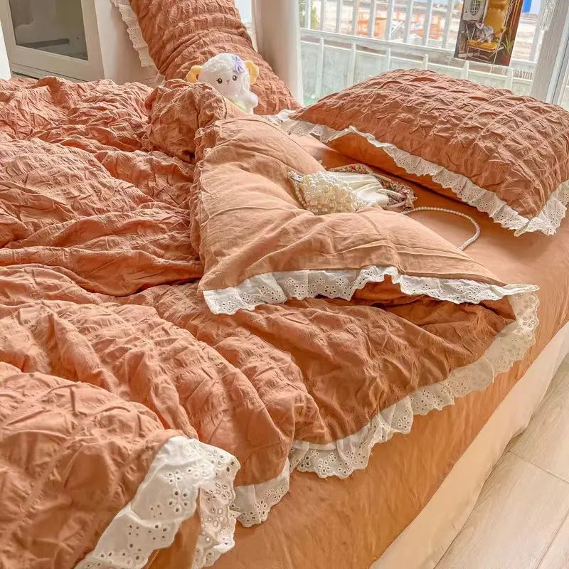 ruched ruffles cotton duvet set