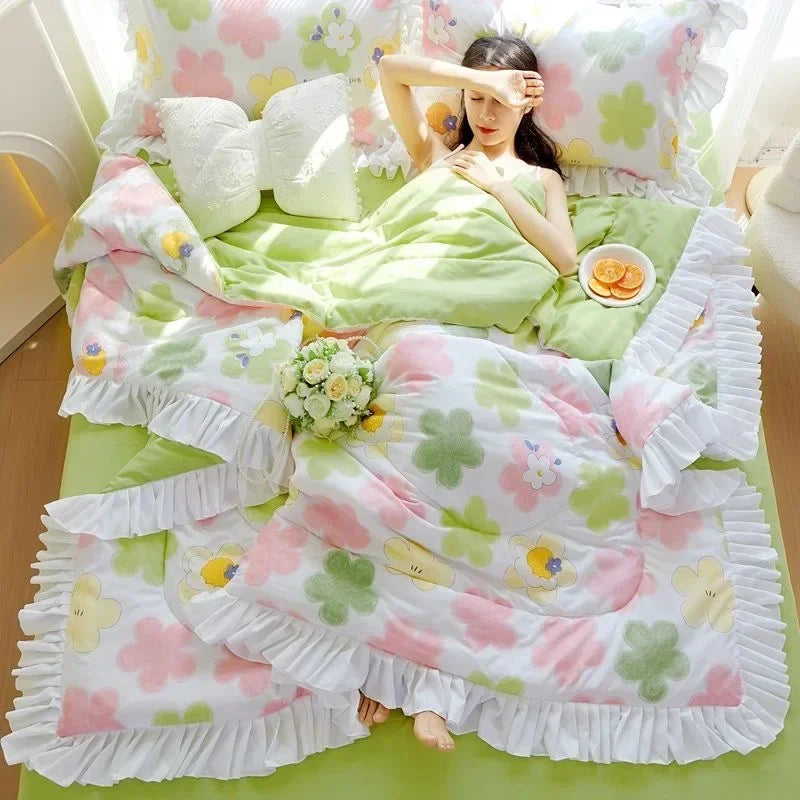 pink - green summer quilt duvet set