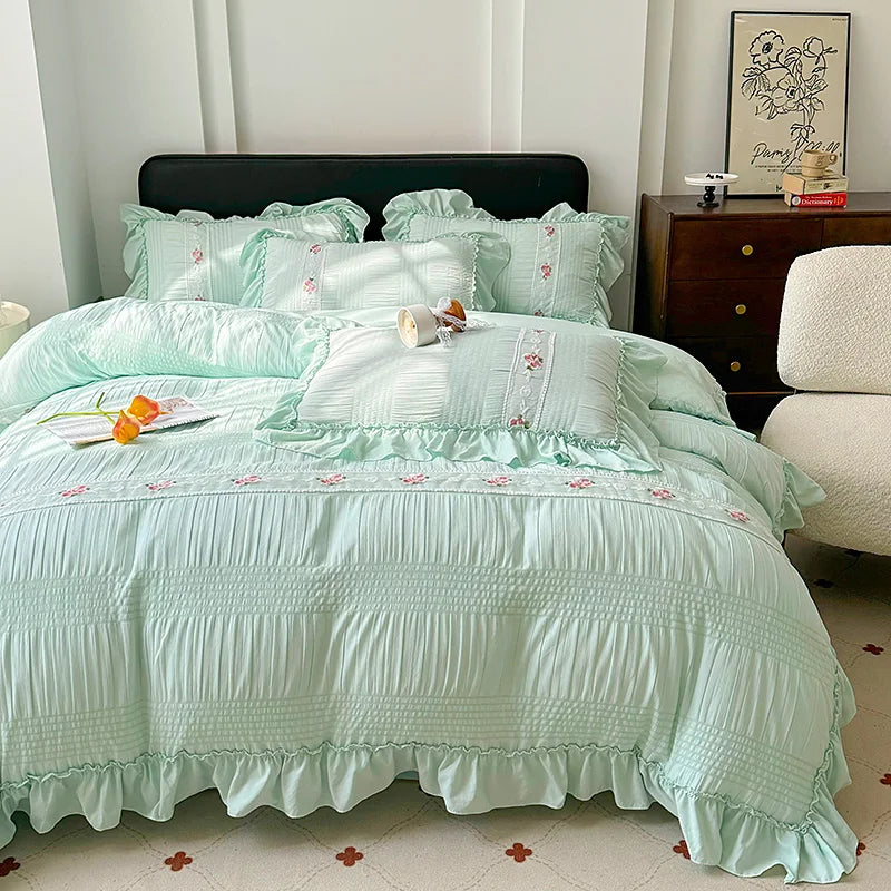 ruffled, ruched, and flowers duvert set