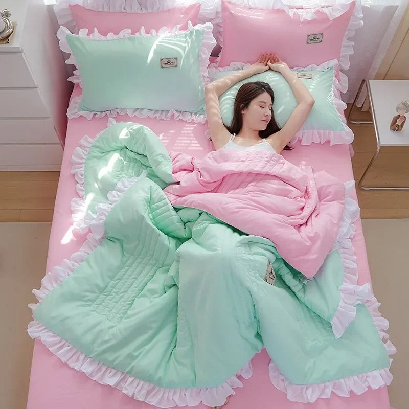 pink - green summer quilt duvet set