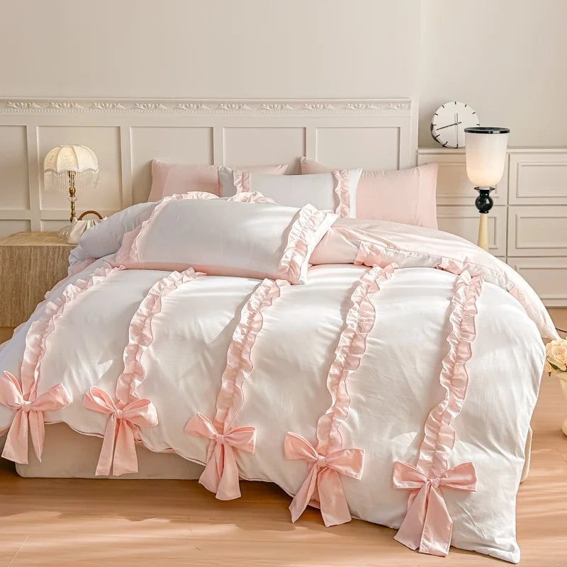 pink blue bowknot duvet set
