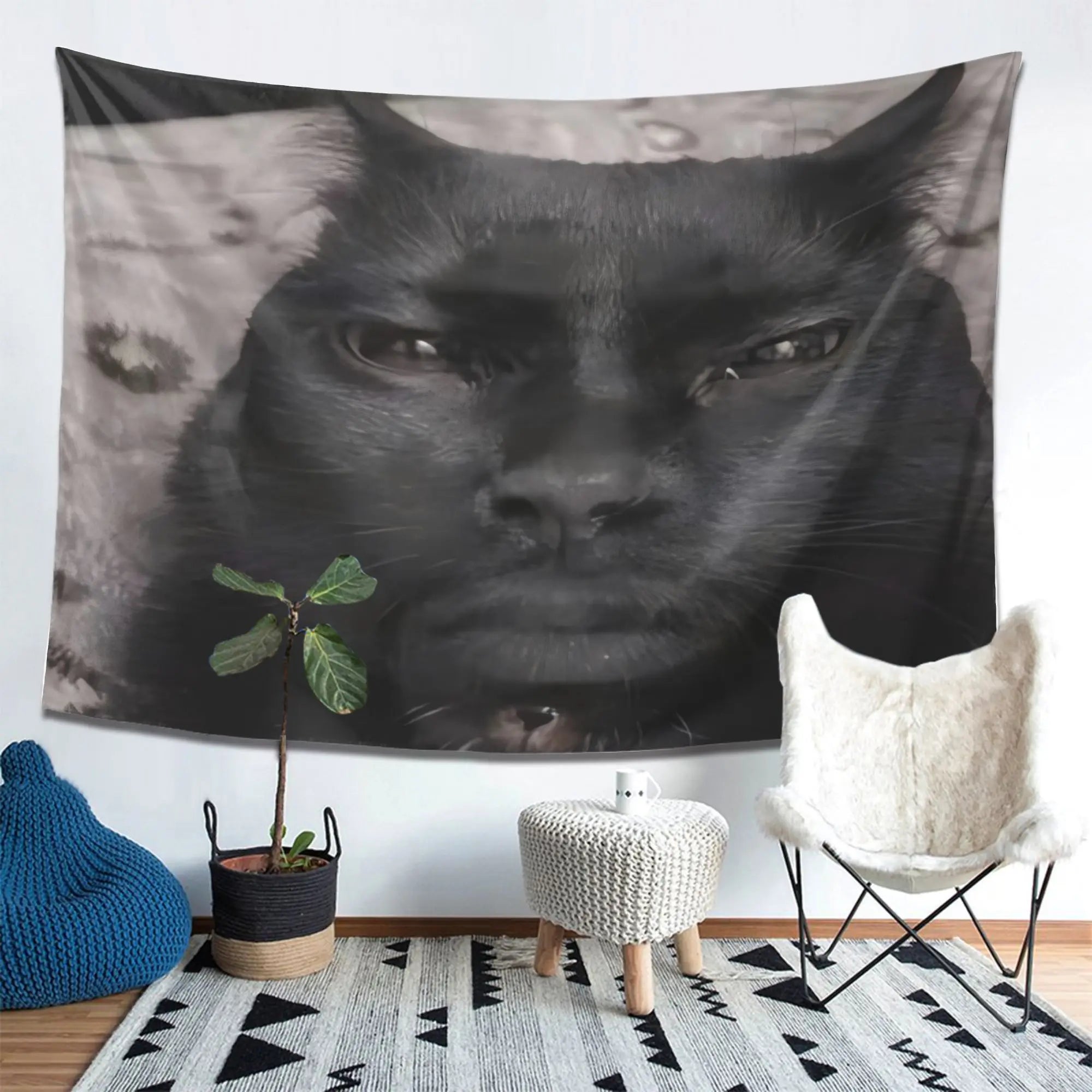 cat face man tapestry